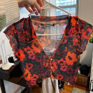 Urban outfitters Floral Sheer Top - Black and Orange